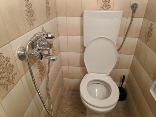a bathroom with a toilet and a shower at Sky line center city F in Aígio