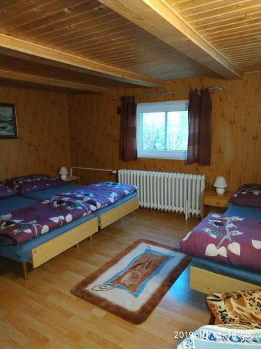 1 dormitorio con 2 camas y ventana en Pension Panorama, en Tanvald