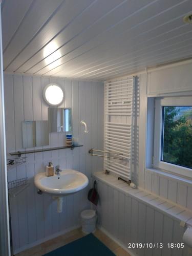 baño con lavabo y aseo y ventana en Pension Panorama, en Tanvald