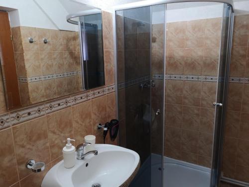 a bathroom with a sink and a shower at Mansarda Maradu in Sinaia