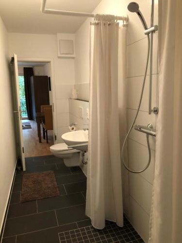 a bathroom with a shower with a sink and a toilet at Newtown Apartments Bremen in Bremen