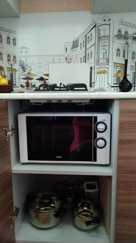 a microwave on a shelf with pots and pans at Comfort Apartments in Velikiy Novgorod