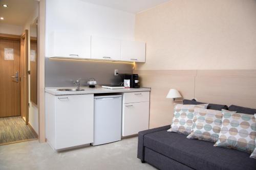 コパオニクにあるNeva Apartment Angella Konaciの小さなキッチン(シンク、ソファ付)