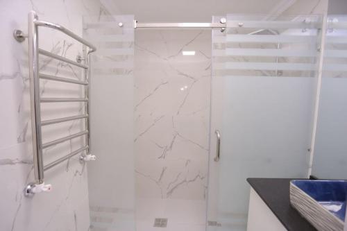 a shower with a glass door in a bathroom at Newly Renovated Modern 2 Bed Apt Near Gur-e-Amir in Samarkand