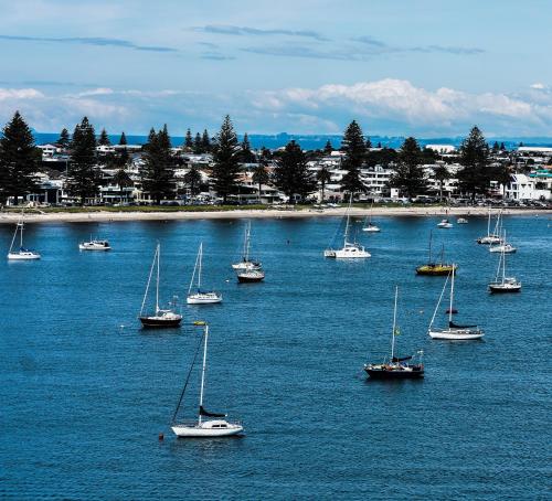 a group of boats in a large body of water at Up in the Stars B&B in Tauranga