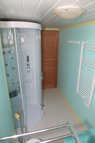 une salle de bain avec une douche avec une porte vitrée dans l'établissement Gîte Fluvial de La Baie de Somme Le Lihoury, à Saint-Valery-sur-Somme