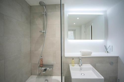 een badkamer met een douche, een wastafel en een spiegel bij Garden Apartment - 11 Southcot Place in Bath