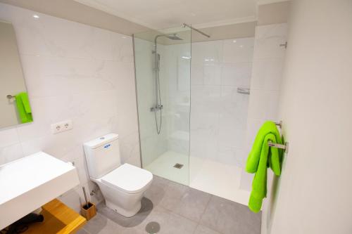 a bathroom with a white toilet and a shower at Apartamento Atlántico Playa 2 in Puerto Naos