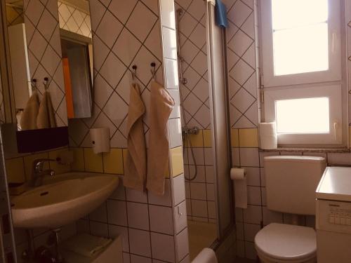 uma casa de banho com um lavatório, um WC e uma janela. em Hava 2 em Saraievo