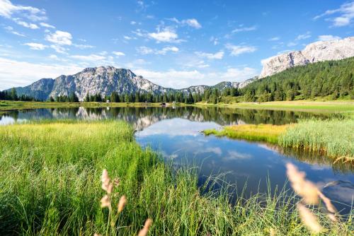 a view of a lake with mountains in the background at Der Tröpolacherhof Hotel & Restaurant in Tröpolach