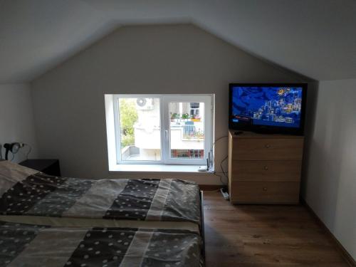 a bedroom with a bed and a flat screen tv at Самостоятелен етаж от къща за гости in Haskovo