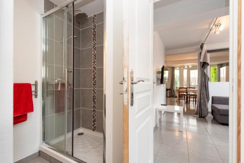 d'une salle de bains pourvue d'une douche en verre et d'un salon. dans l'établissement Le Pastel, à Toulouse