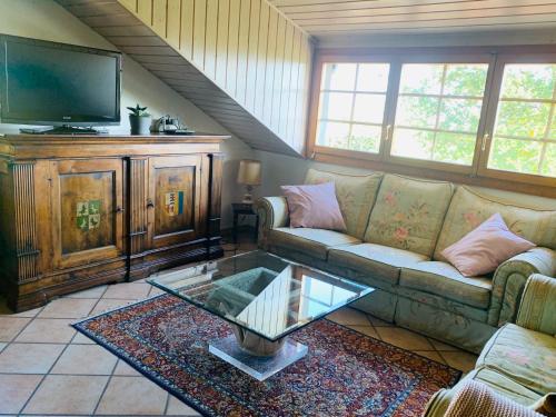 Paola paradise في Forel: غرفة معيشة مع أريكة وتلفزيون