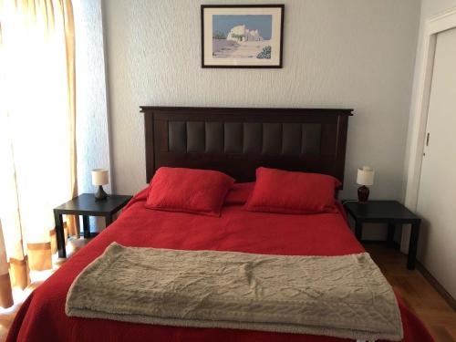 a bedroom with a red bed with two red pillows at Muelle Vergara view in Viña del Mar