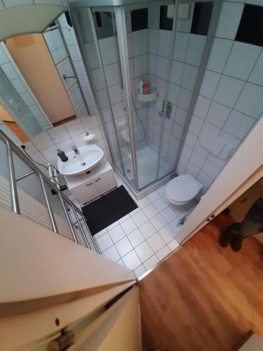 y baño con ducha, lavabo y aseo. en Sophies Apartment, en Stuttgart