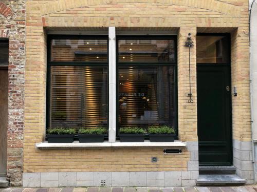 een raam met potplanten op een bakstenen gebouw bij B&B Calis in Brugge