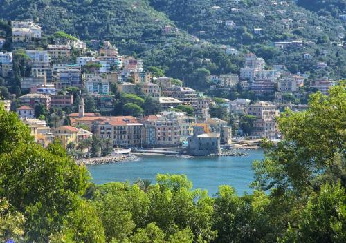 a large body of water with buildings and trees at Villa Mares in Rapallo