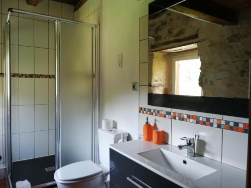 a bathroom with a sink and a shower and a toilet at Chambres d'hôtes Idiartekoborda in Saint-Étienne-de-Baïgorry