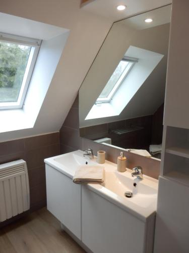 une salle de bain avec un lavabo et un miroir dans l'établissement Villa à la croisée des baies, à Tréméoc