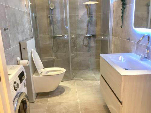 a bathroom with a shower and a toilet and a sink at Extraordinary apartment with double shower in Norrahammar