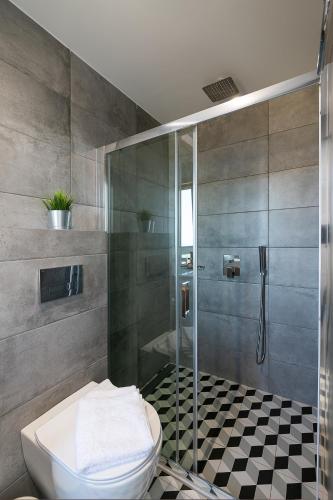 a bathroom with a shower and a toilet at PhantΩm Villas Villa Hero in Kókkinon Khoríon