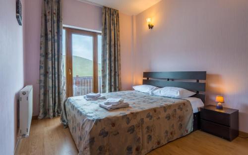 um quarto de hotel com uma cama e uma janela em Tamara's place em Gudauri