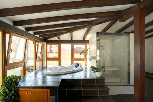 y baño grande con bañera y ducha. en Albergo Cristofoli en Treppo Carnico