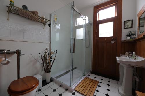 a bathroom with a shower and a toilet and a sink at Oasis on Orwell Bed and Breakfast in Oamaru