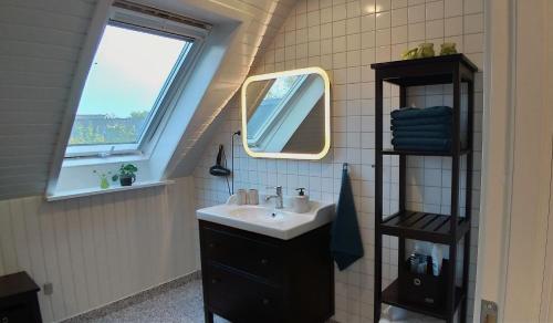 a bathroom with a sink and a mirror at Lenes logi in Herning