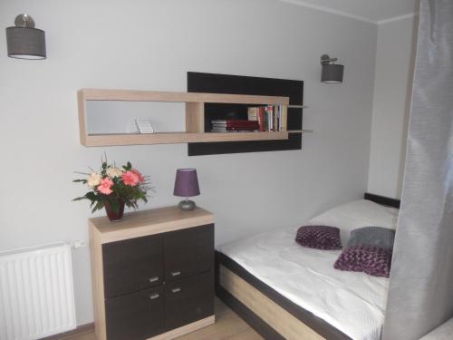 - une chambre avec un lit et une commode avec un miroir dans l'établissement Apartament-Studio, à Szczecin