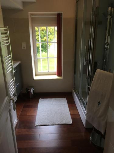 La salle de bains est pourvue d'une douche, d'une fenêtre et d'un tapis. dans l'établissement Château de Villers-Châtel, à Villers-Châtel