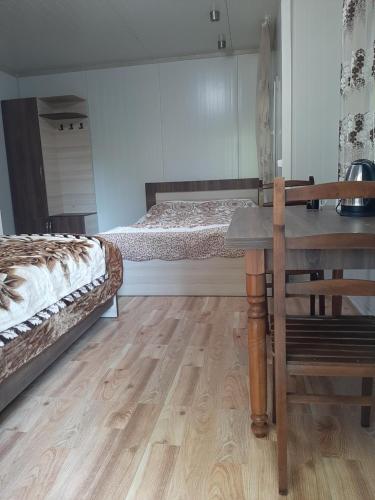 a bedroom with a bed and a desk and a table at Robinson Crusoe in Lagodekhi