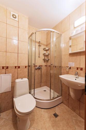 a bathroom with a shower and a toilet and a sink at Mountain View Aparthotel in Bansko