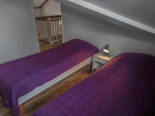 two beds in a room with purple sheets at Holiday Home Loma tiki by Interhome in Tahkovuori