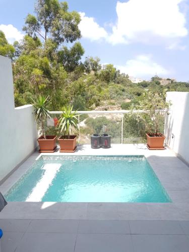 a small swimming pool on a patio with plants at Duplex Maisonette with Heated P-Pool and Jacuzzi in St Julian's
