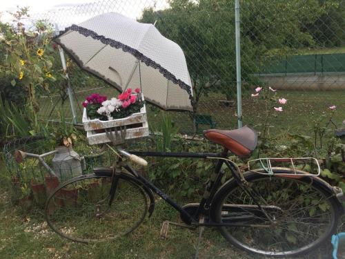 a bike with a basket of flowers and an umbrella at Oca Carolina in Buttigliera Alta