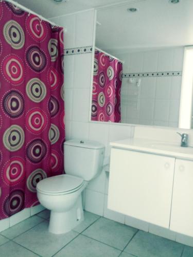 a bathroom with a toilet and a shower curtain at REÑACA COCHOA DEPARTAMENTO in Viña del Mar