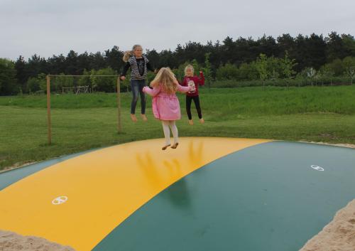 a little girl jumping on top of a trampoline at Horsetellerie Rheezerveen in Hardenberg