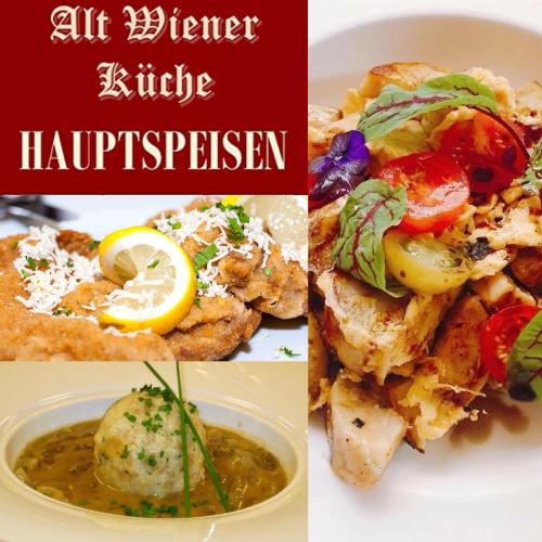 a collage of four pictures of food in a collage at Gasthof Seelhofer in Prigglitz