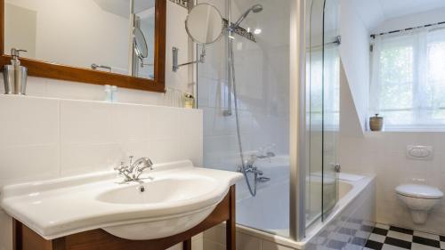 La salle de bains est pourvue d'un lavabo, d'une douche et de toilettes. dans l'établissement Schloss - Schenke Tunzenberg, à Mengkofen