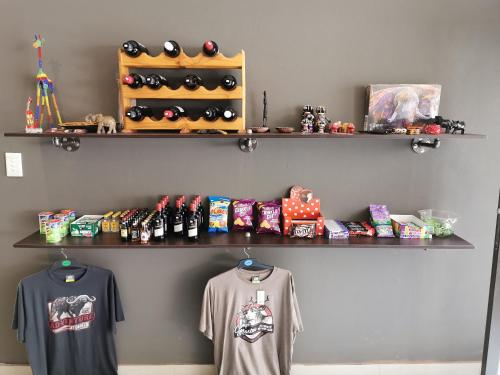 a room with two shelves with shirts and other toys at Aerotropolis Guest Lodge in Kempton Park