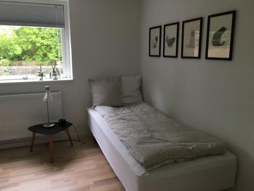 Habitación pequeña con cama y ventana en Lundgaarde Bed & Breakfast, en Kjellerup