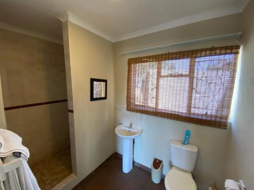 a bathroom with a sink and a toilet and a window at Lanseria Country Estate in Lanseria