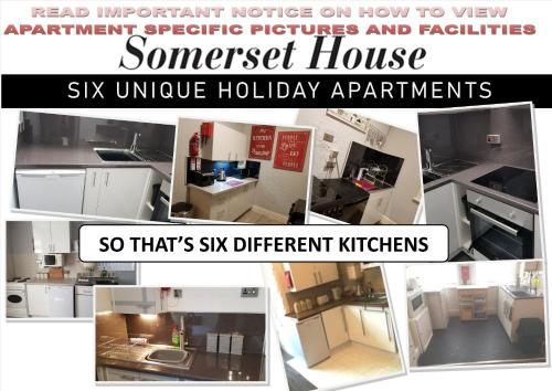 a collage of different pictures of a kitchen at Somerset House Apartments in Blackpool