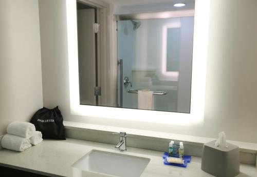 a bathroom with a sink and a large mirror at Holiday Inn Express - Biloxi - Beach Blvd, an IHG Hotel in Biloxi