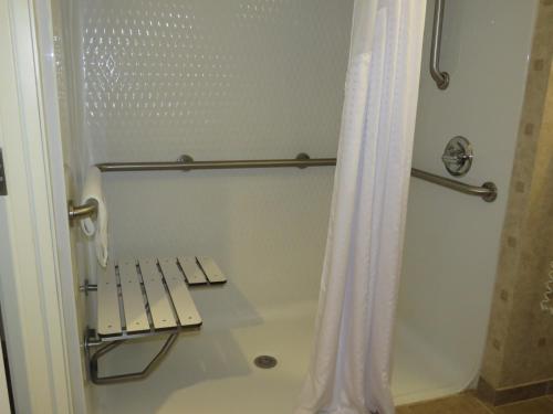 a bathroom with a shower with a bench in it at Holiday Inn Express Hotel & Suites Bartlesville, an IHG Hotel in Bartlesville