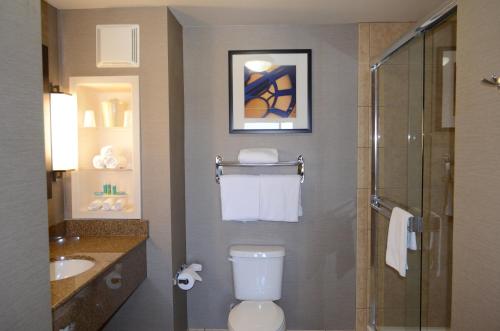 a bathroom with a toilet and a sink and a shower at Holiday Inn Express Hotel & Suites Barstow by IHG in Barstow