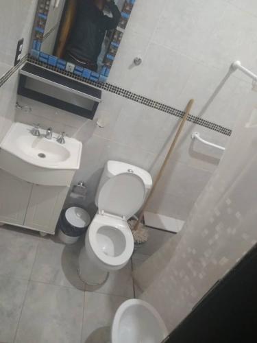 a bathroom with a white toilet and a sink at Style Malargue a 100 mtrs del centro,ubicadisimo in Malargüe