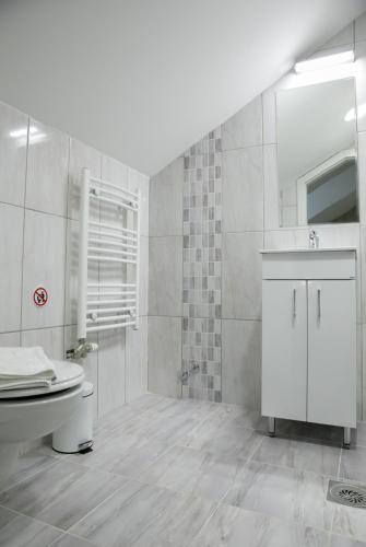 a white bathroom with a sink and a toilet at Fine Suites in Niš