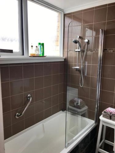 a bathroom with a shower with a glass door at Eliza cottage in Hobart
